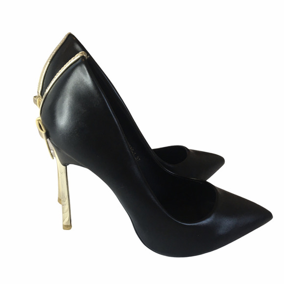 NWB Black Leatherette Pumps Gold Heels & Ribbons - Picture 1 of 5